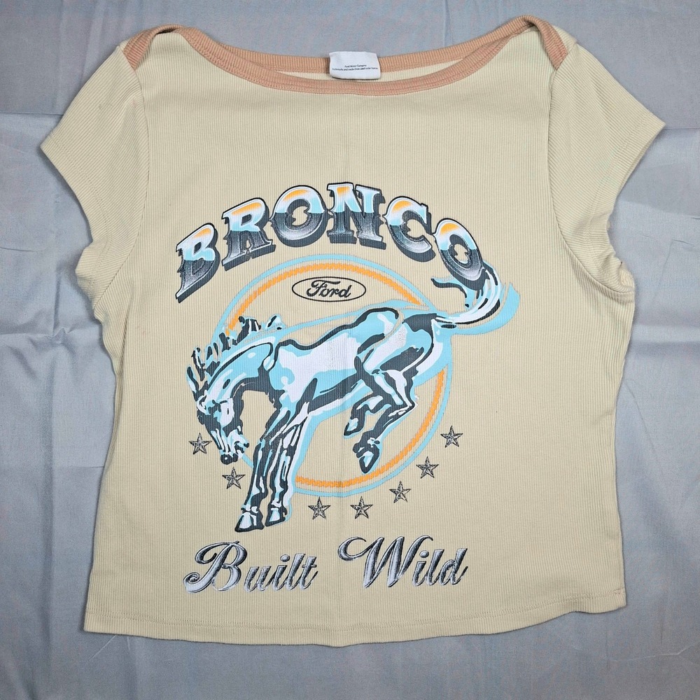 Ford Bronco Built Wild Graphic Ribbed Tee Cream Tan Y2K Western Top Medium
